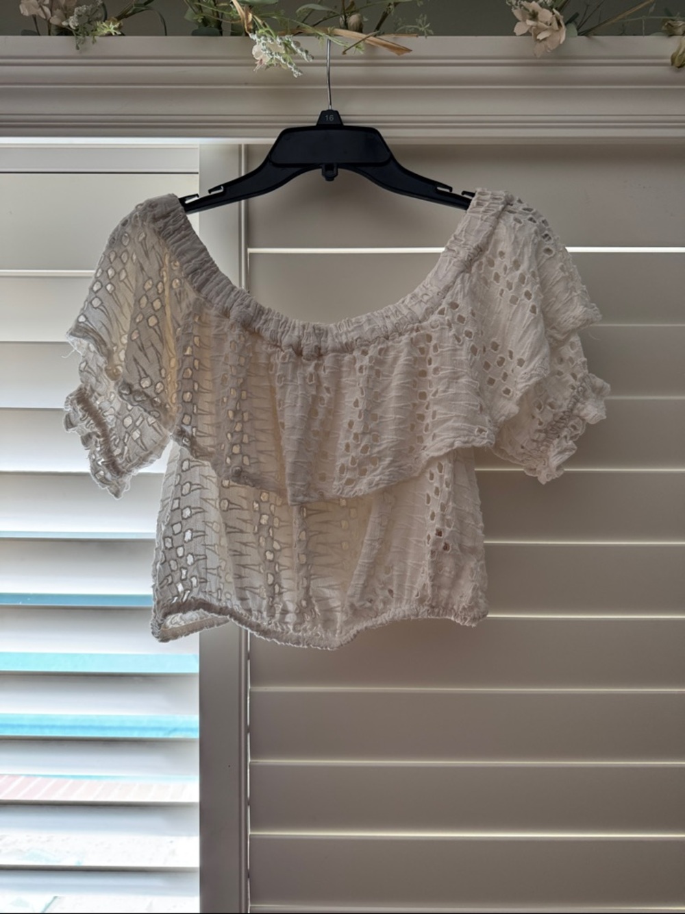 Free People Cream Eyelet Off-Shoulder Ruffle Top
